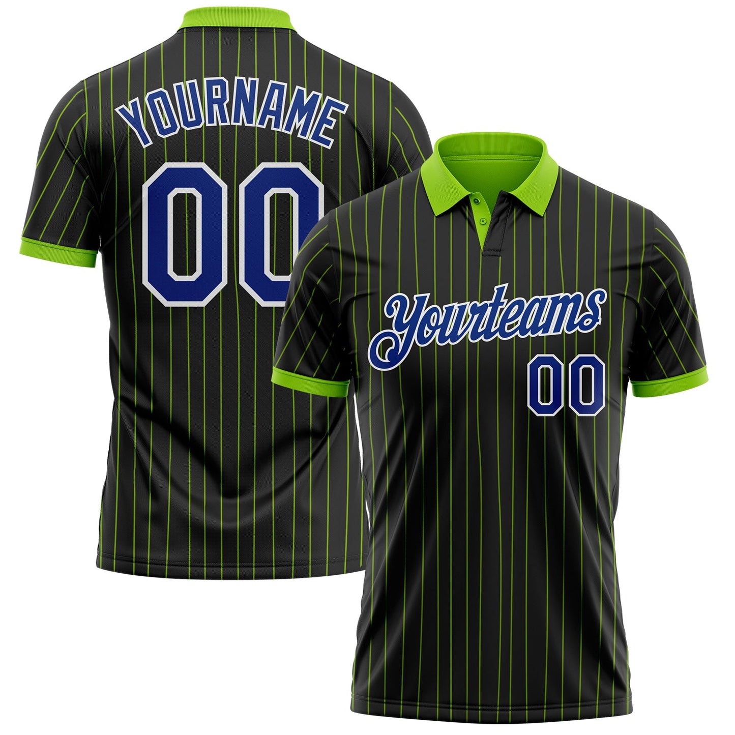 Custom Black Neon Green Pinstripe Royal-White Performance Polo Shirt - Main View