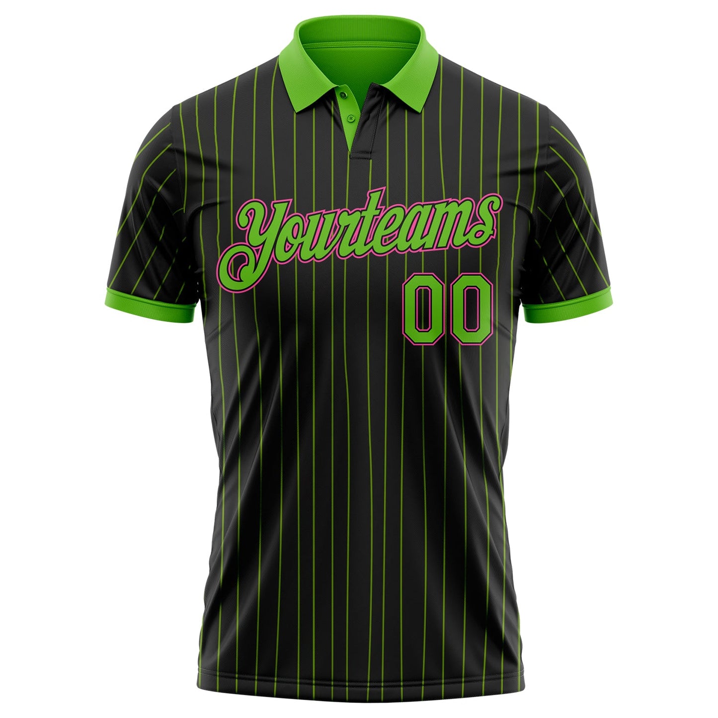 Custom Black Neon Green Pinstripe-Pink Performance Polo Shirt view 2