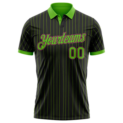 Custom Black Neon Green Pinstripe-Pink Performance Polo Shirt view 2