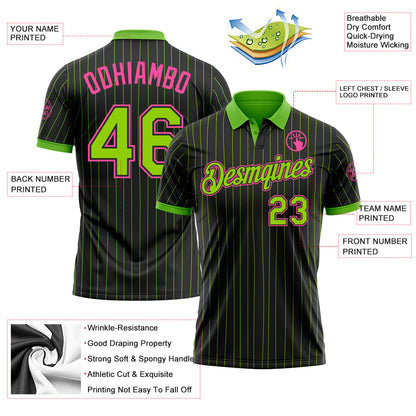 Custom Black Neon Green Pinstripe-Pink Performance Polo Shirt view 3