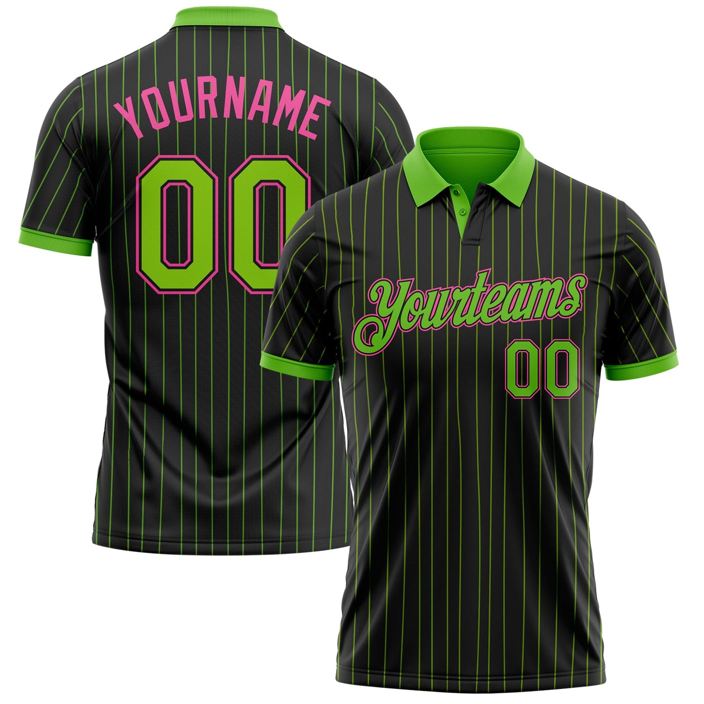 Custom Black Neon Green Pinstripe-Pink Performance Polo Shirt - Main View