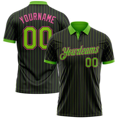 Custom Black Neon Green Pinstripe-Pink Performance Polo Shirt - Main View