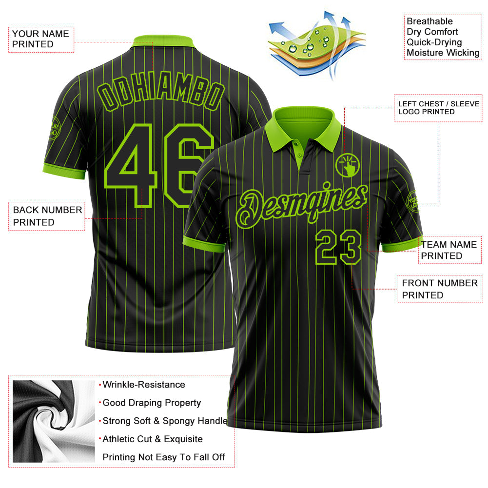 Custom Black Neon Green Pinstripe-Neon Green Performance Polo Shirt view 3