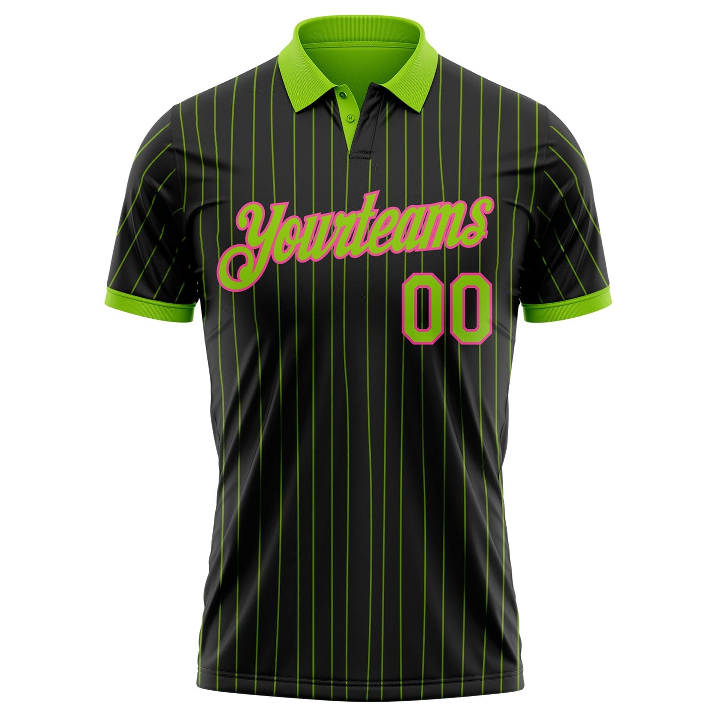Custom Black Neon Green Pinstripe-Pink Performance Polo Shirt view 2