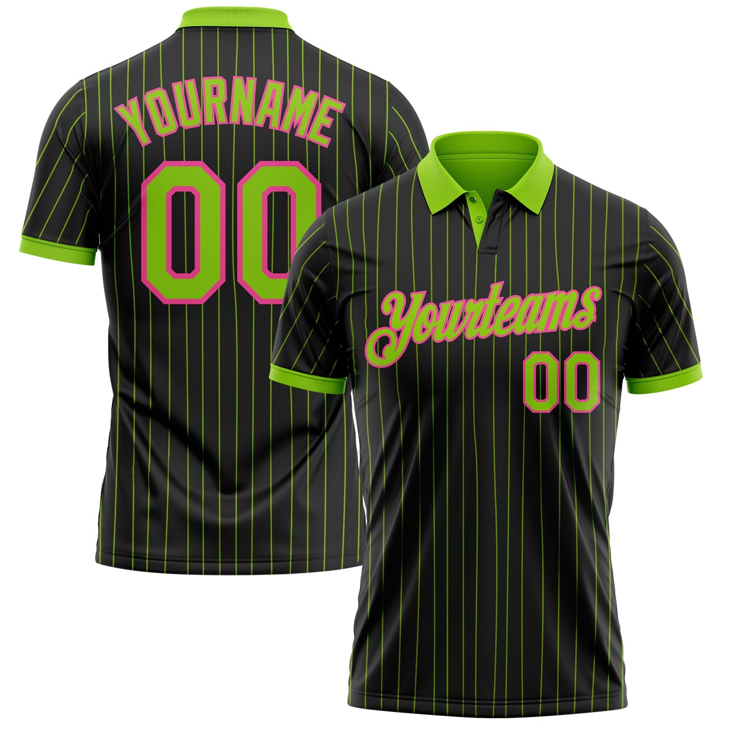 Custom Black Neon Green Pinstripe-Pink Performance Polo Shirt - Main View