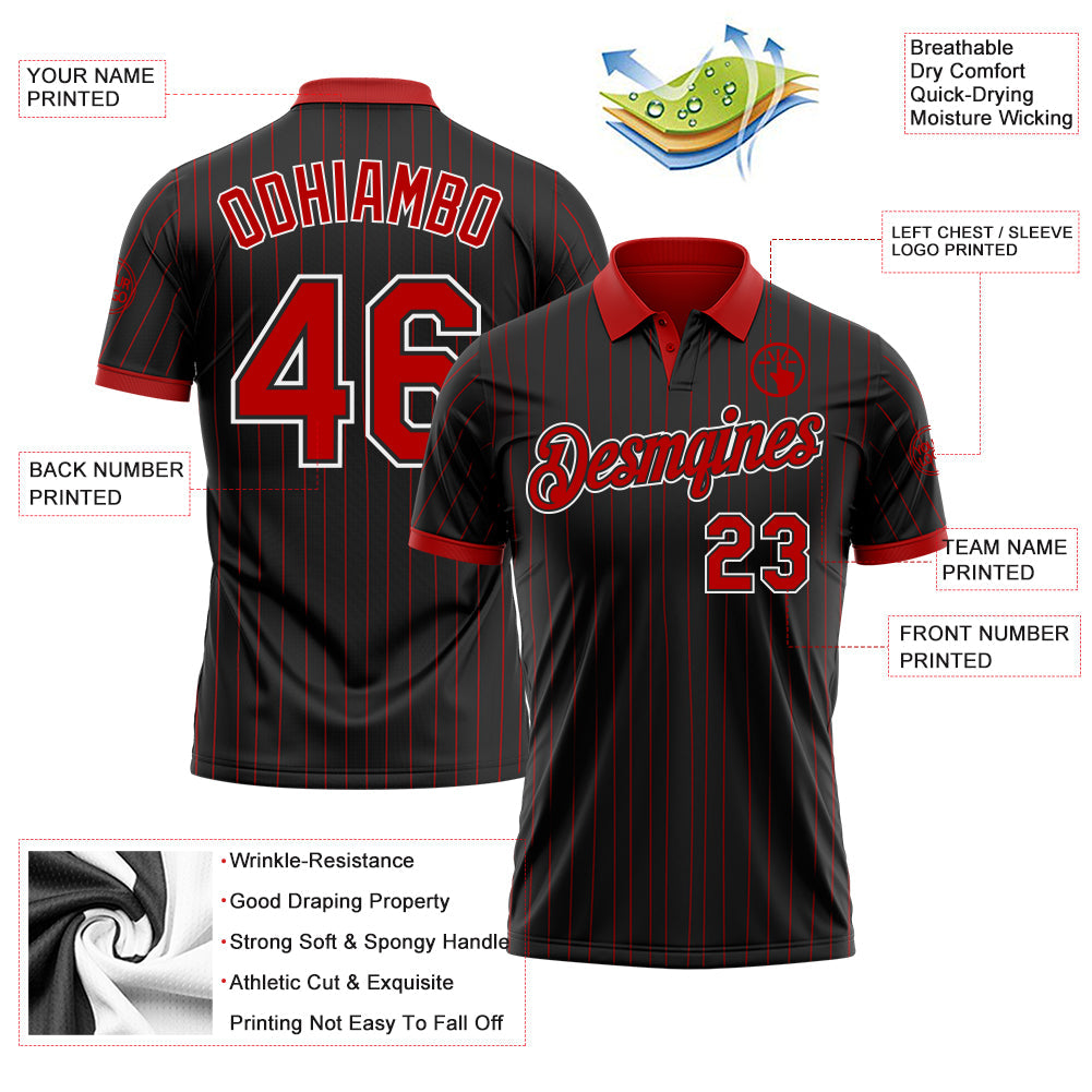 Custom Black Red Pinstripe-White Performance Polo Shirt view 3