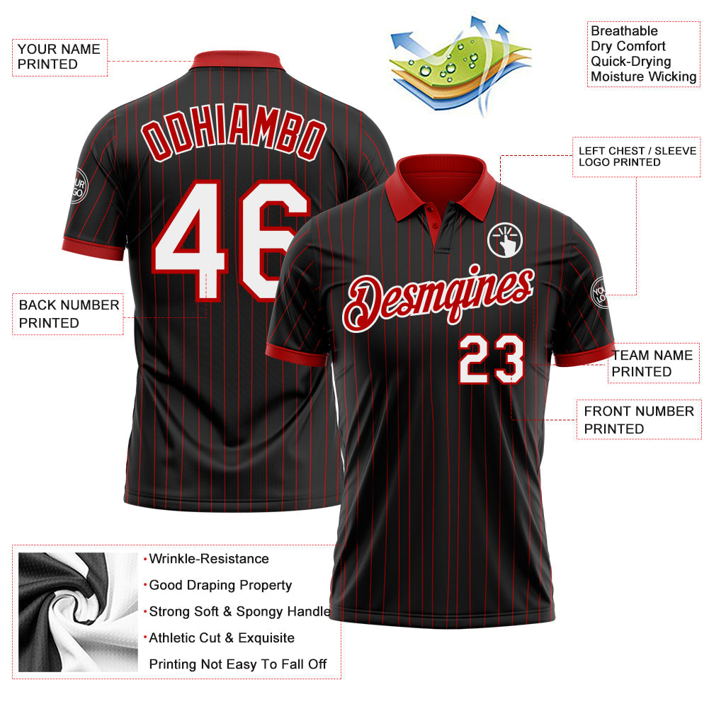 Custom Black Red Pinstripe-White Performance Polo Shirt view 3