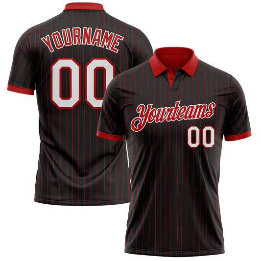 Custom Black Red Pinstripe-White Performance Polo Shirt - Main View