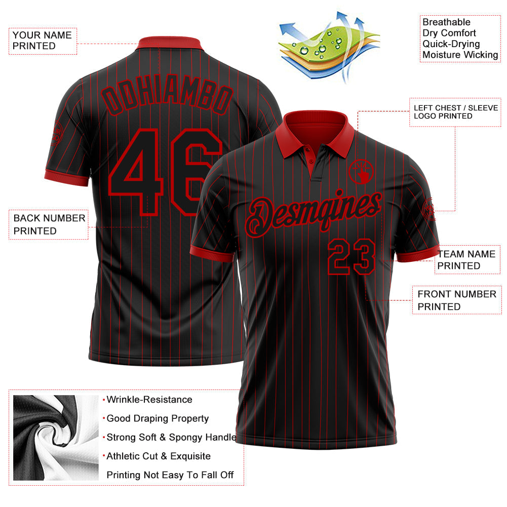 Custom Black Red Pinstripe-Red Performance Polo Shirt view 3