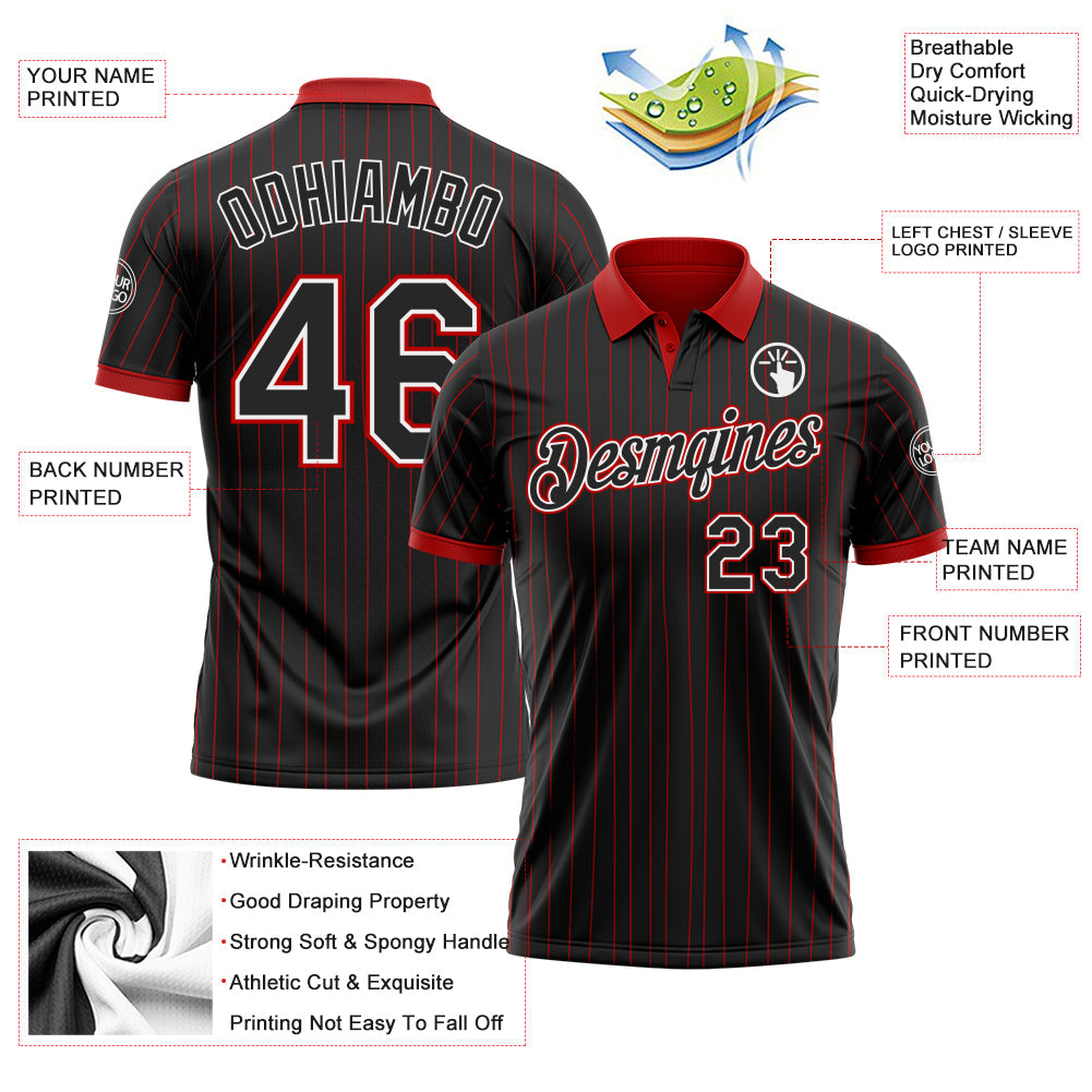 Custom Black Red Pinstripe-White Performance Polo Shirt view 3