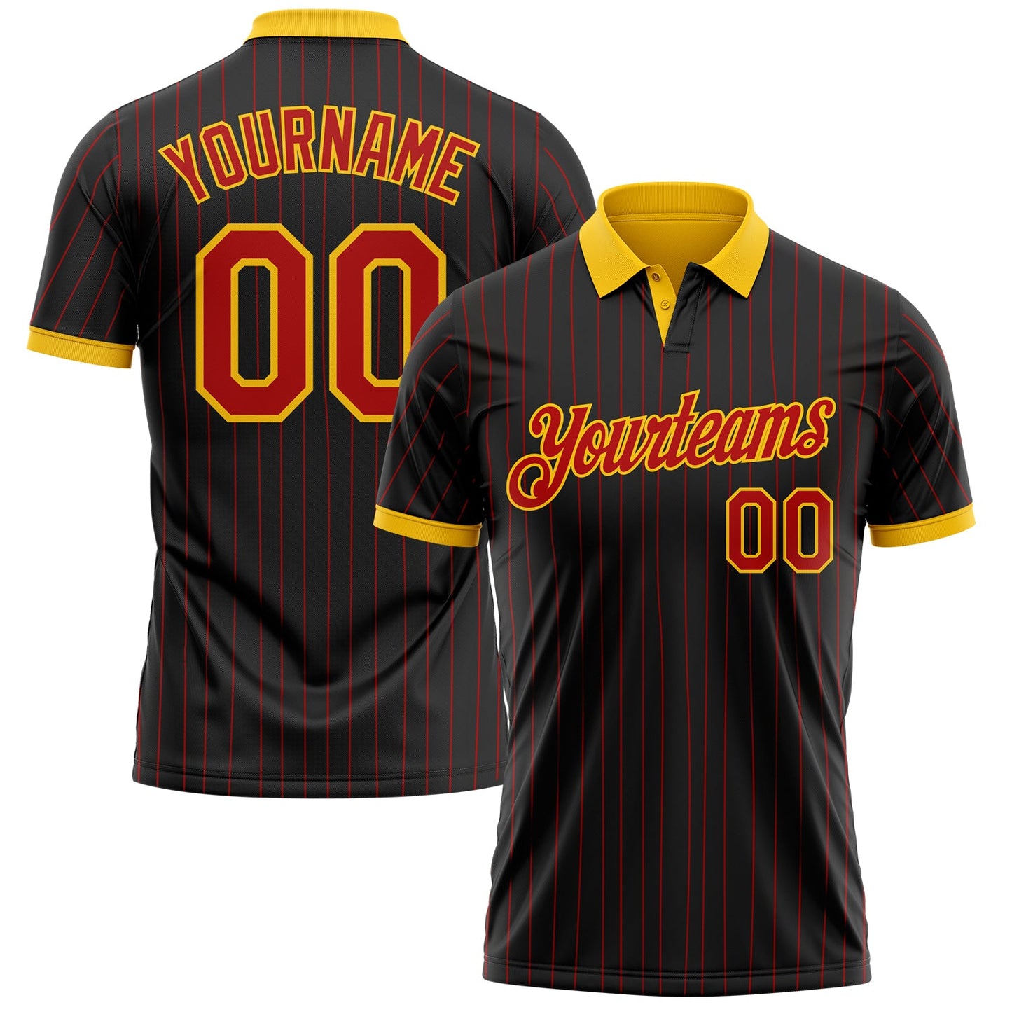 Custom Black Red Pinstripe-Yellow Performance Polo Shirt - Main View