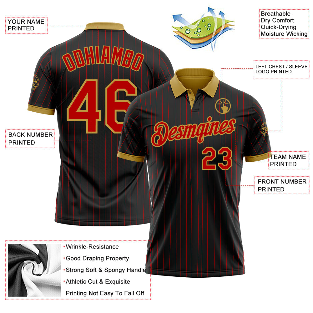 Custom Black Red Pinstripe-Old Gold Performance Polo Shirt view 3