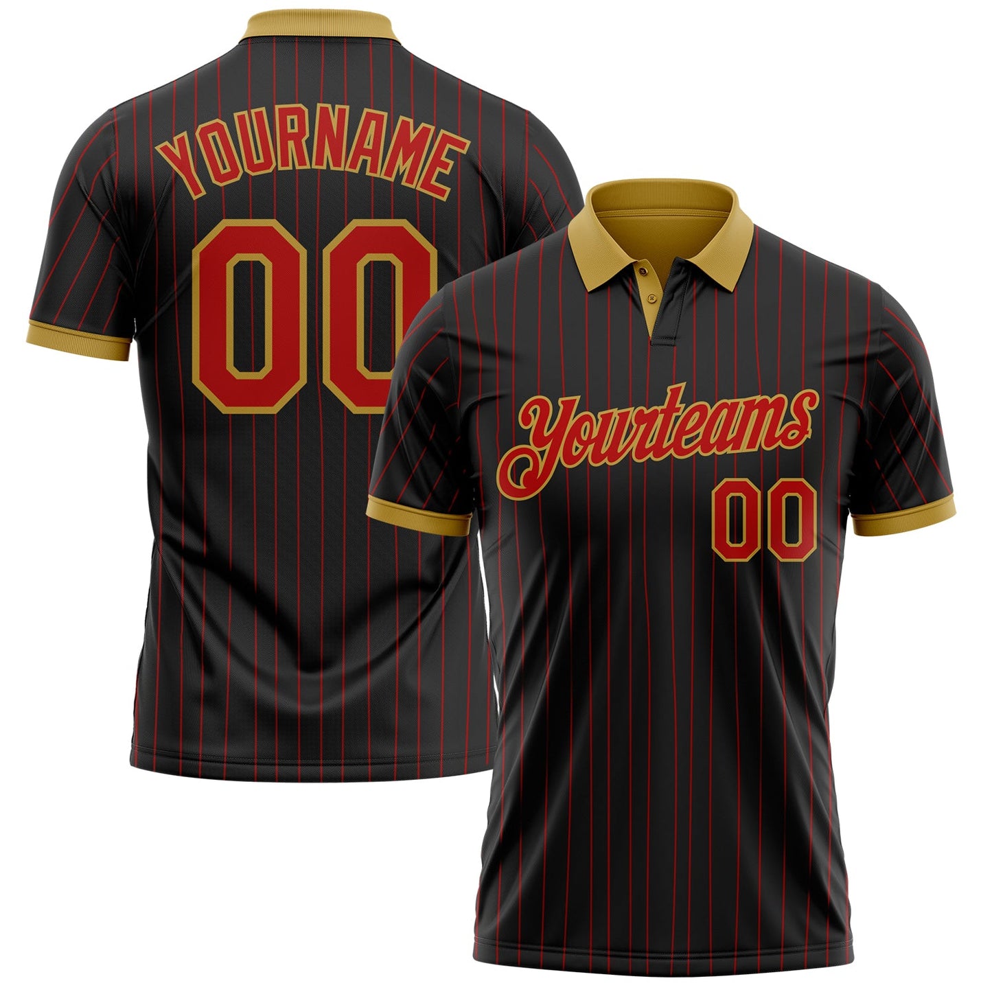 Custom Black Red Pinstripe-Old Gold Performance Polo Shirt - Main View