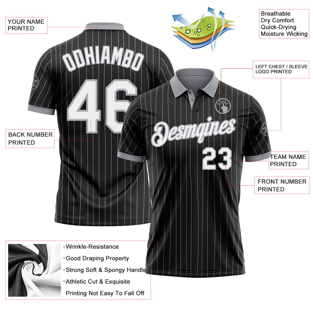 Custom Black Gray Pinstripe-White Performance Polo Shirt view 3