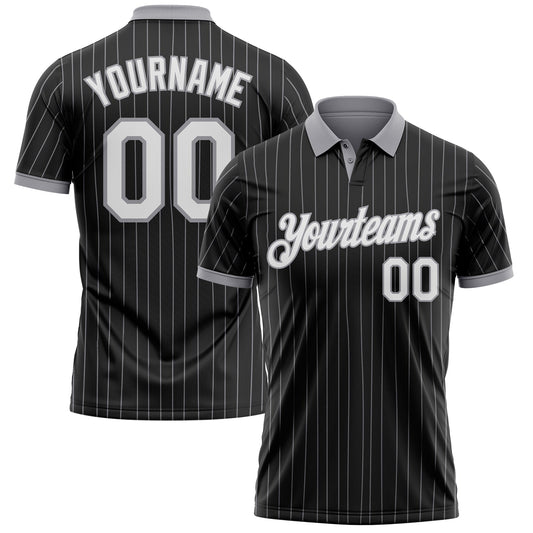 Custom Black Gray Pinstripe-White Performance Polo Shirt - Main View