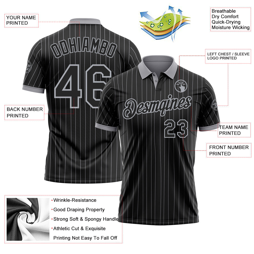 Custom Black Gray Pinstripe-Gray Performance Polo Shirt view 3