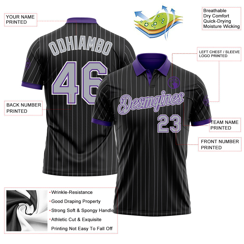 Custom Black Gray Pinstripe Purple-White Performance Polo Shirt view 3