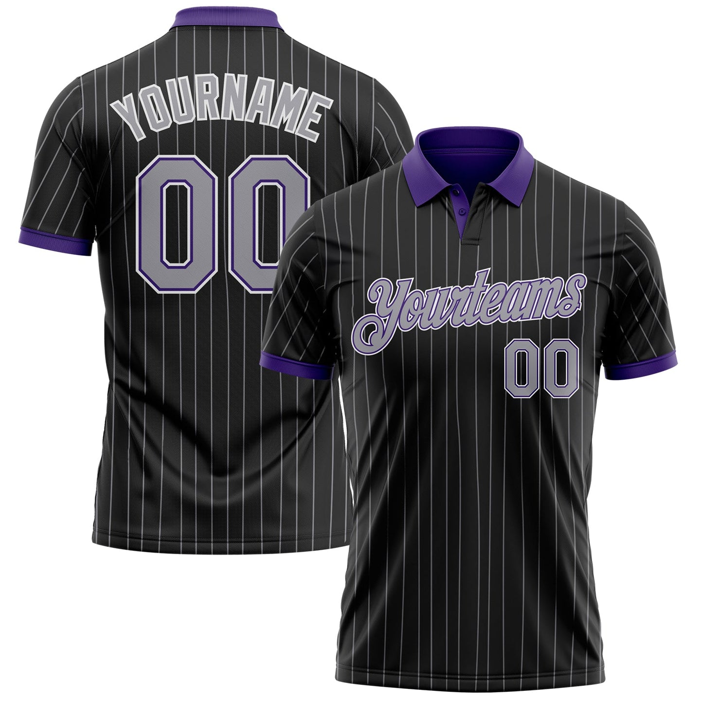 Custom Black Gray Pinstripe Purple-White Performance Polo Shirt - Main View