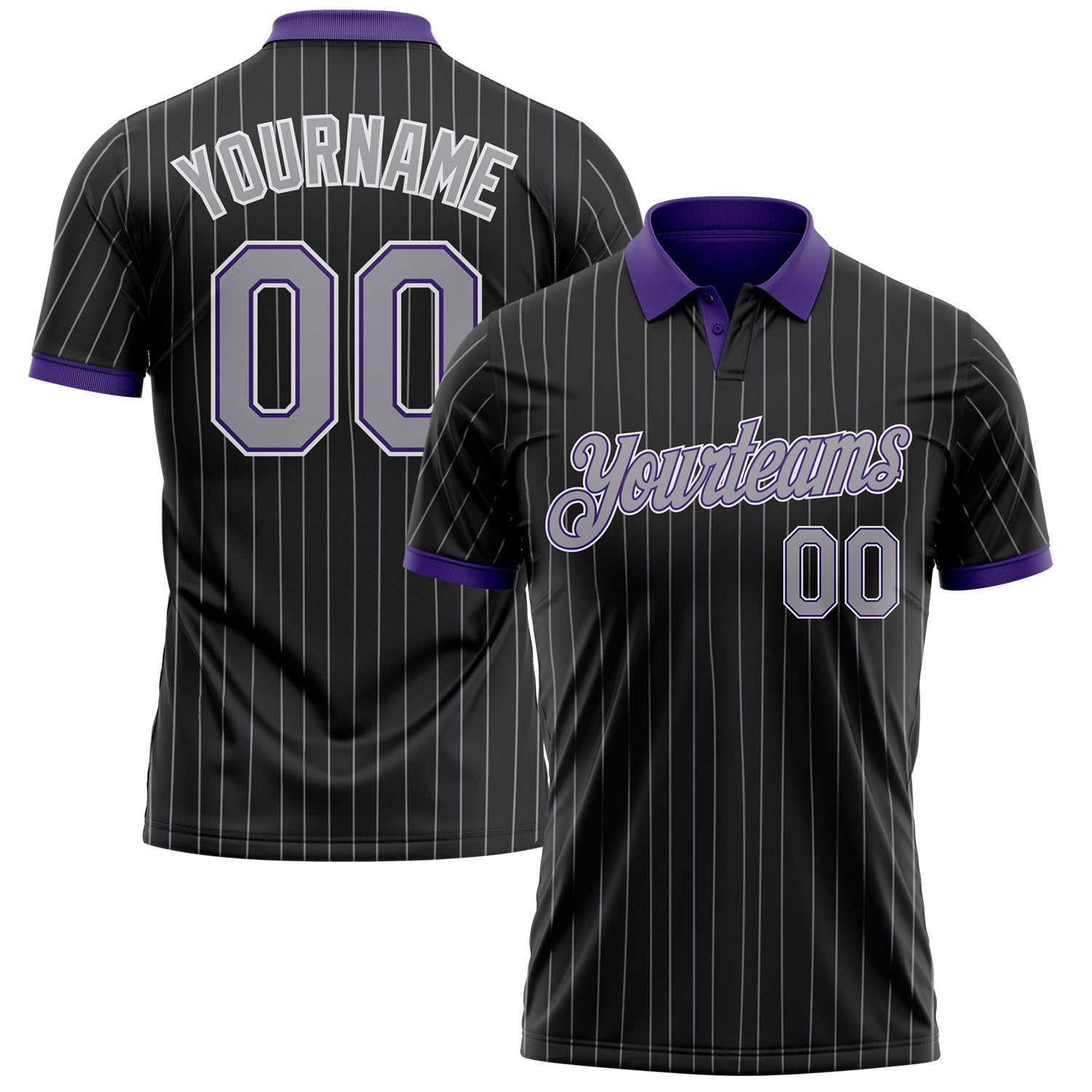 Custom Black Gray Pinstripe Purple-White Performance Polo Shirt - Main View