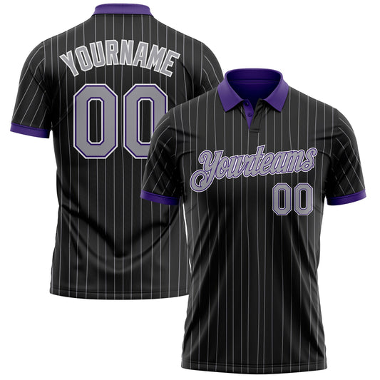 Custom Black Gray Pinstripe Purple-White Performance Polo Shirt - Main View