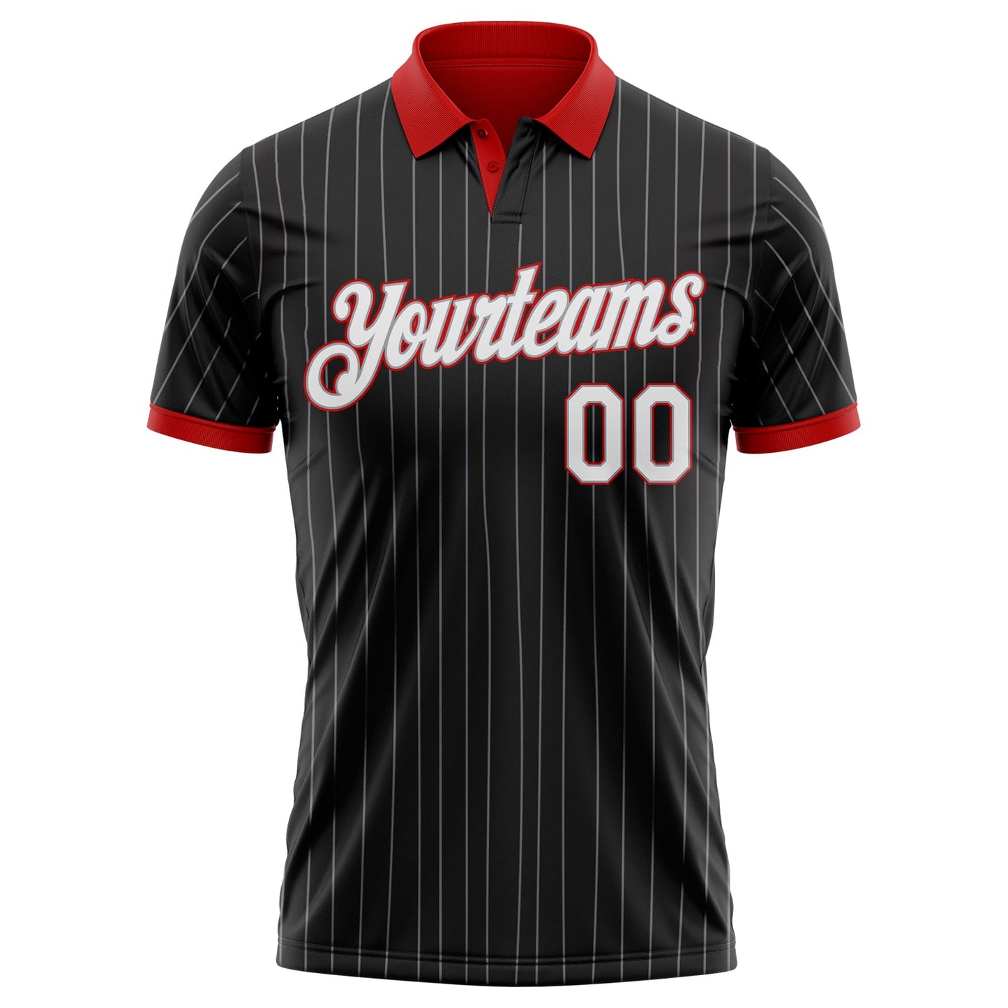 Custom Black Gray Pinstripe White-Red Performance Polo Shirt view 2