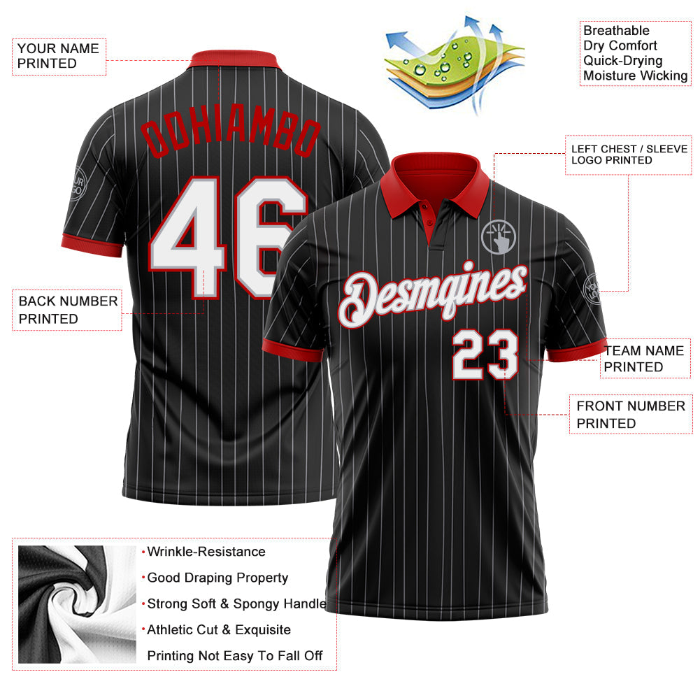 Custom Black Gray Pinstripe White-Red Performance Polo Shirt view 3