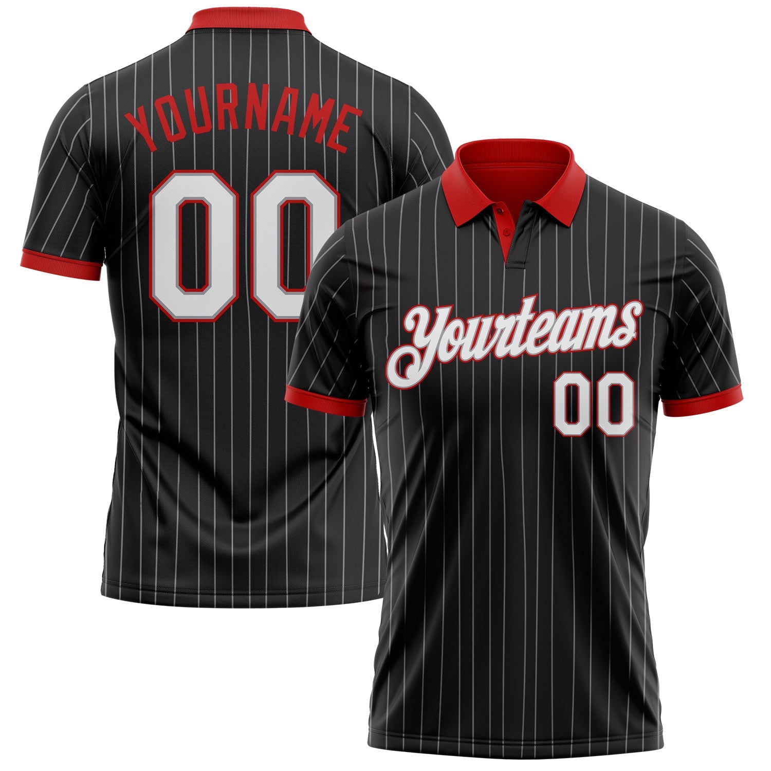 Custom Black Gray Pinstripe White-Red Performance Polo Shirt - Main View