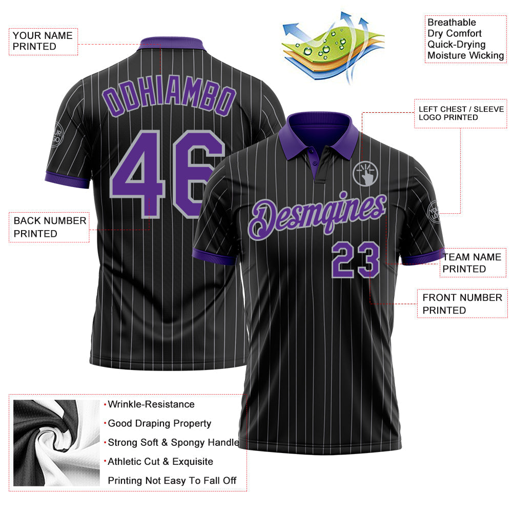 Custom Black Gray Pinstripe-Purple Performance Polo Shirt view 3