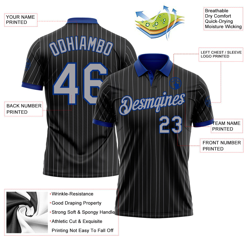 Custom Black Gray Pinstripe-Royal Performance Polo Shirt view 3