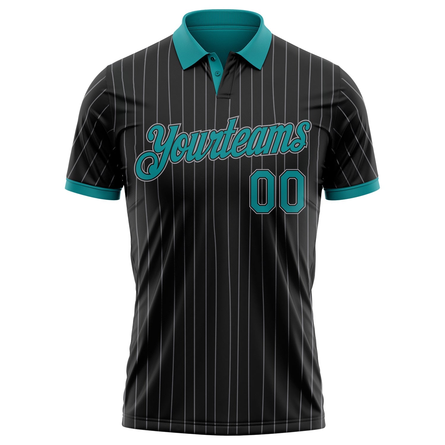 Custom Black Gray Pinstripe-Teal Performance Polo Shirt view 2