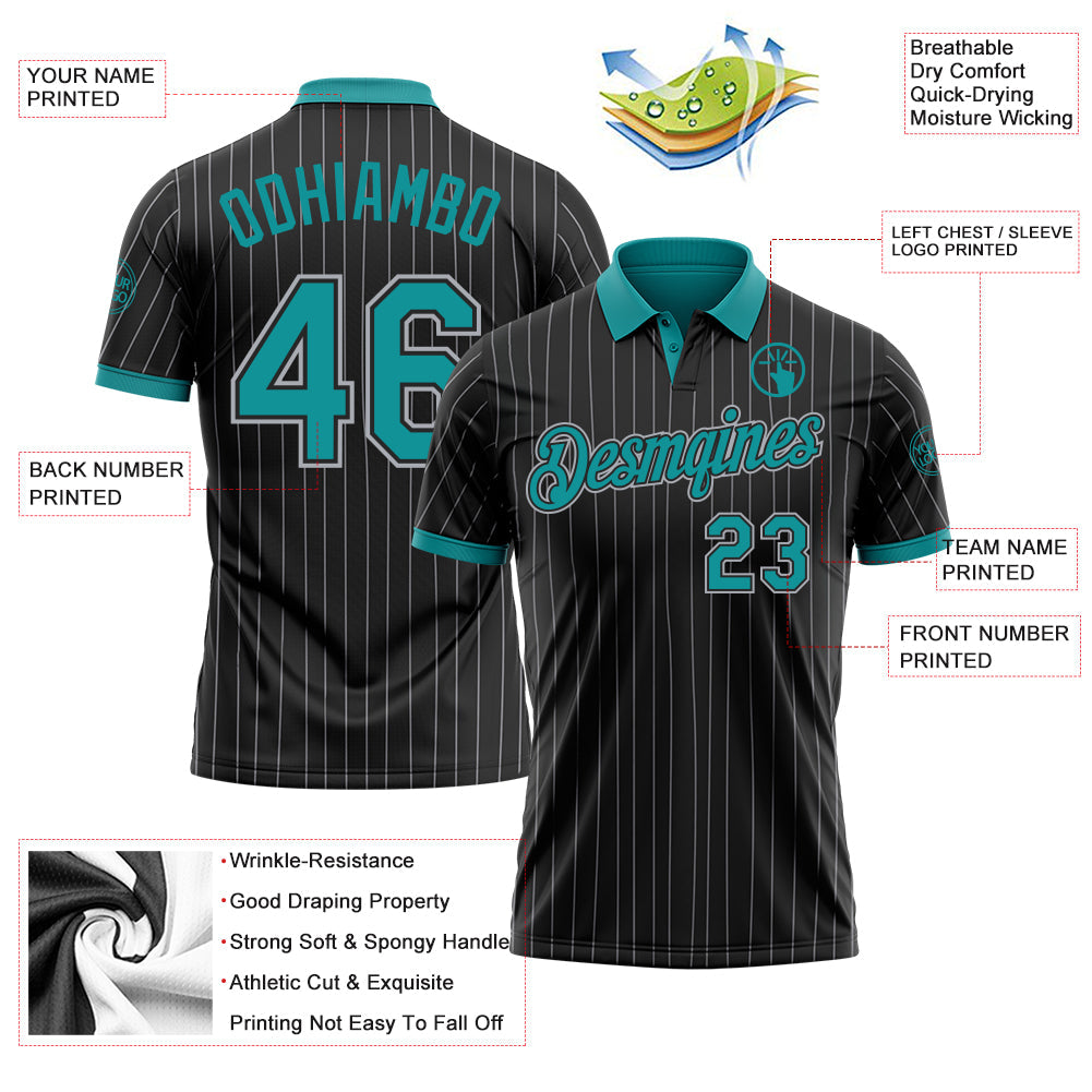 Custom Black Gray Pinstripe-Teal Performance Polo Shirt view 3