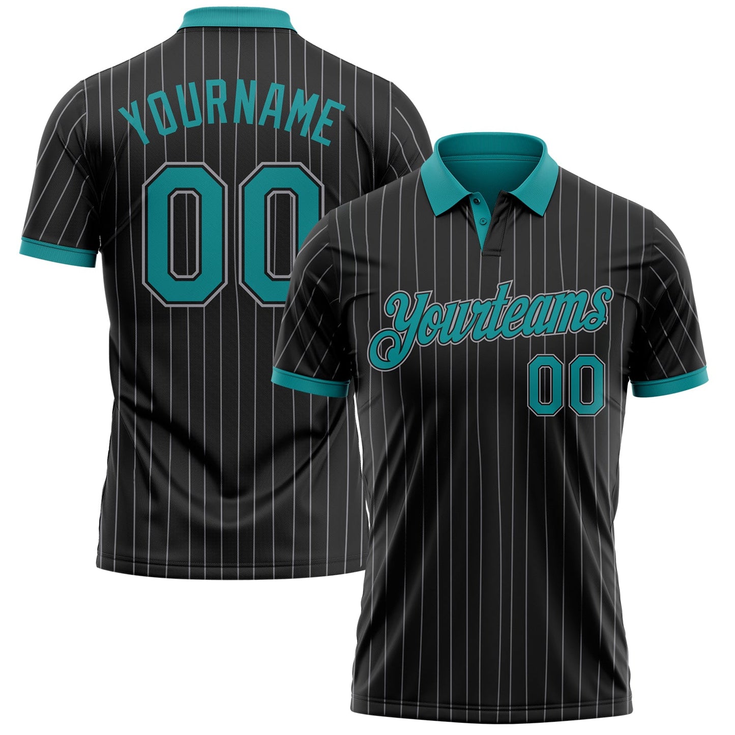 Custom Black Gray Pinstripe-Teal Performance Polo Shirt - Main View