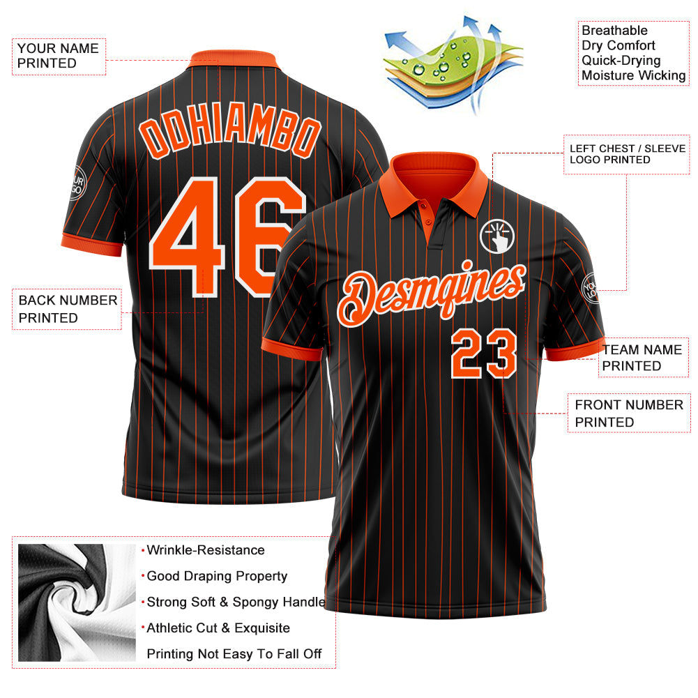 Custom Black Orange Pinstripe-White Performance Polo Shirt view 3