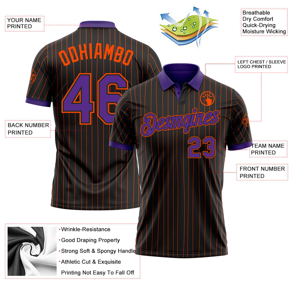 Custom Black Orange Pinstripe-Purple Performance Polo Shirt view 3