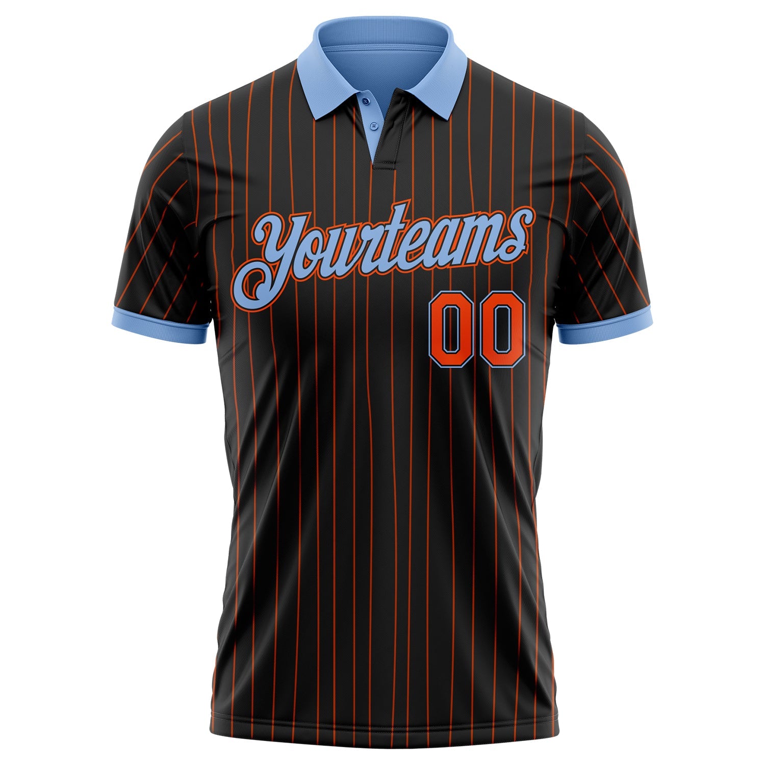 Custom Black Orange Pinstripe-Light Blue Performance Polo Shirt view 2