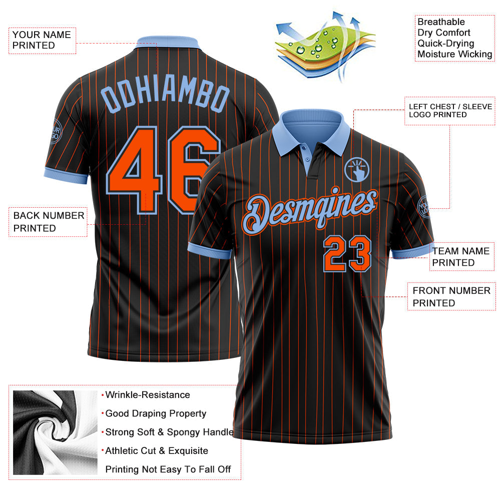 Custom Black Orange Pinstripe-Light Blue Performance Polo Shirt view 3