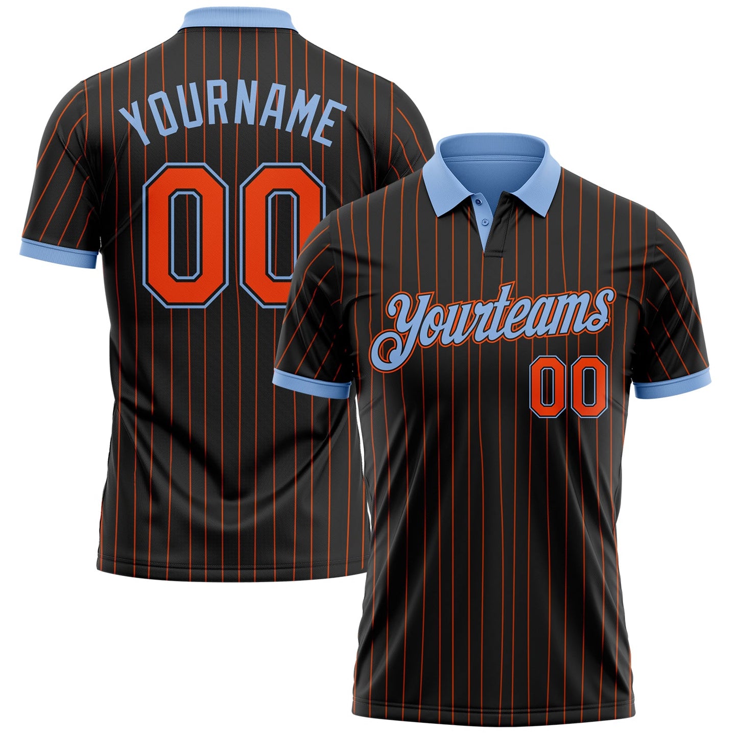 Custom Black Orange Pinstripe-Light Blue Performance Polo Shirt - Main View
