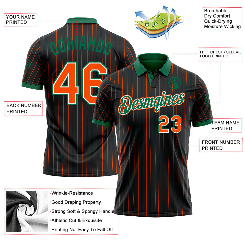 Custom Black Orange Pinstripe White-Kelly Green Performance Polo Shirt view 3