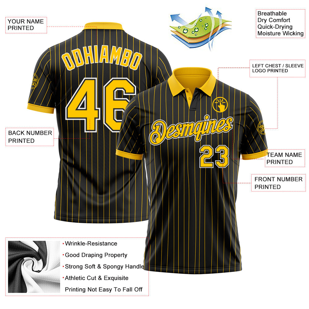 Custom Black Yellow Pinstripe-White Performance Polo Shirt view 3