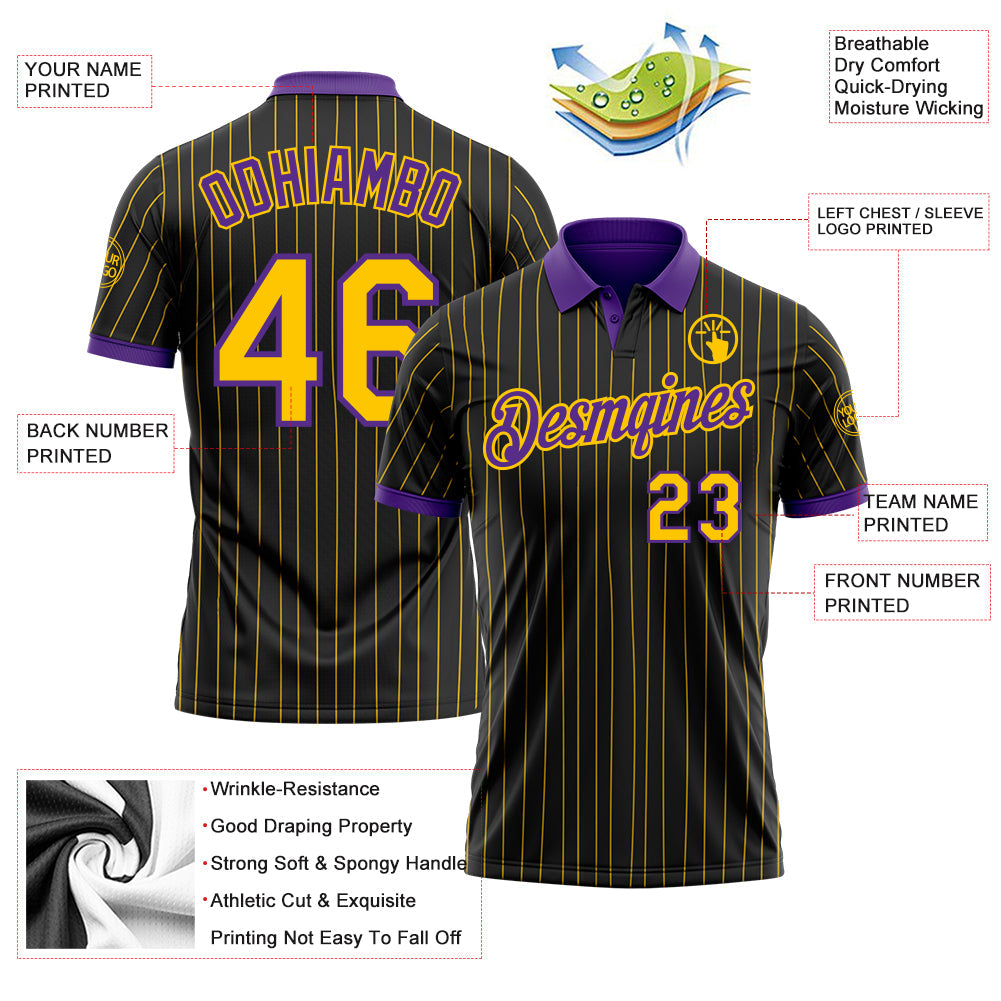 Custom Black Yellow Pinstripe-Purple Performance Polo Shirt view 3