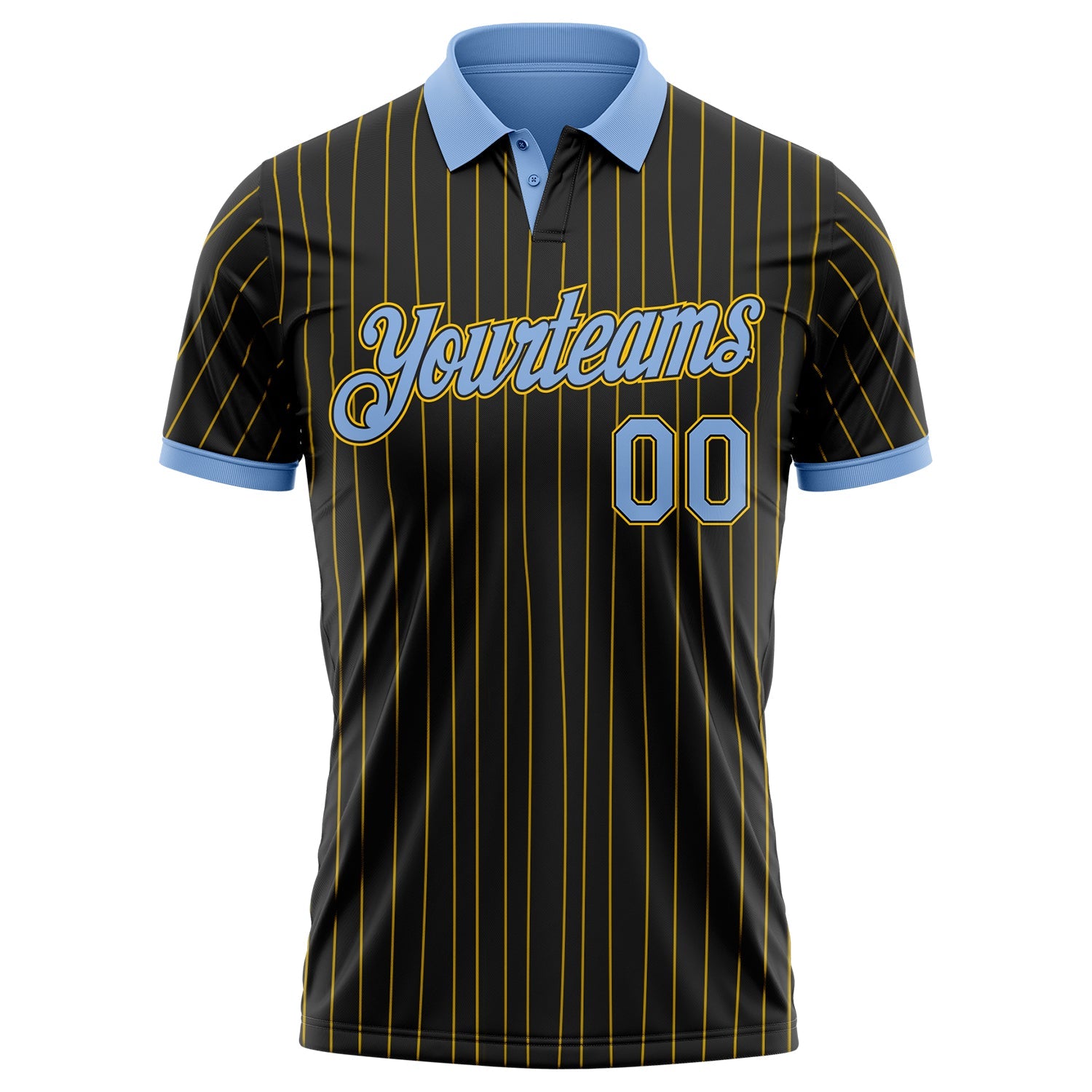 Custom Black Yellow Pinstripe-Light Blue Performance Polo Shirt view 2
