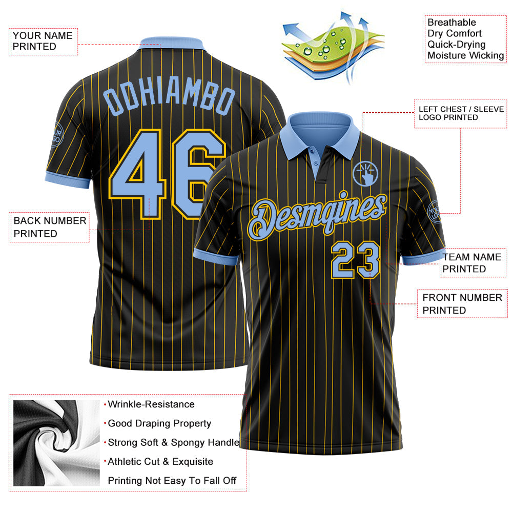 Custom Black Yellow Pinstripe-Light Blue Performance Polo Shirt view 3