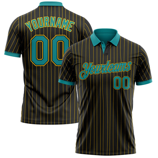 Custom Black Yellow Pinstripe-Teal Performance Polo Shirt - Main View