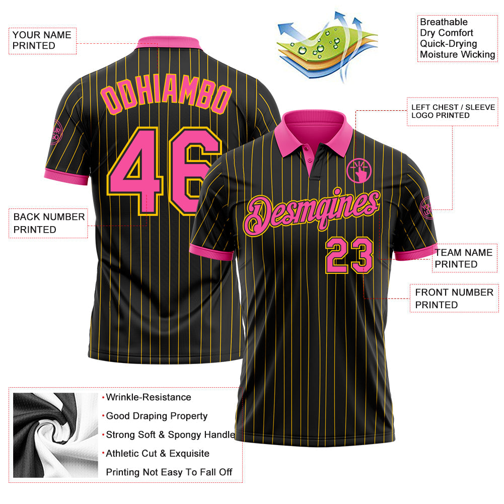 Custom Black Yellow Pinstripe-Pink Performance Polo Shirt view 3