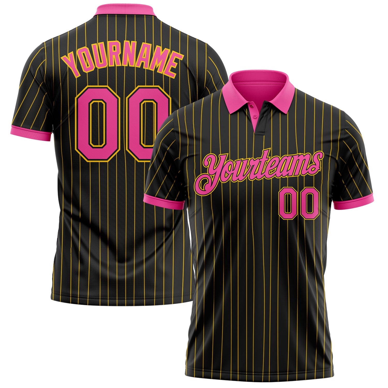 Custom Black Yellow Pinstripe-Pink Performance Polo Shirt - Main View