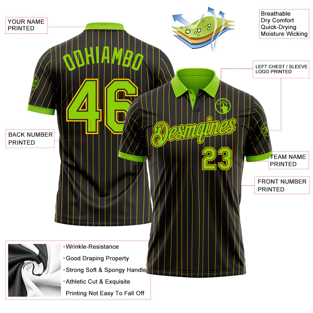 Custom Black Yellow Pinstripe-Neon Green Performance Polo Shirt view 3