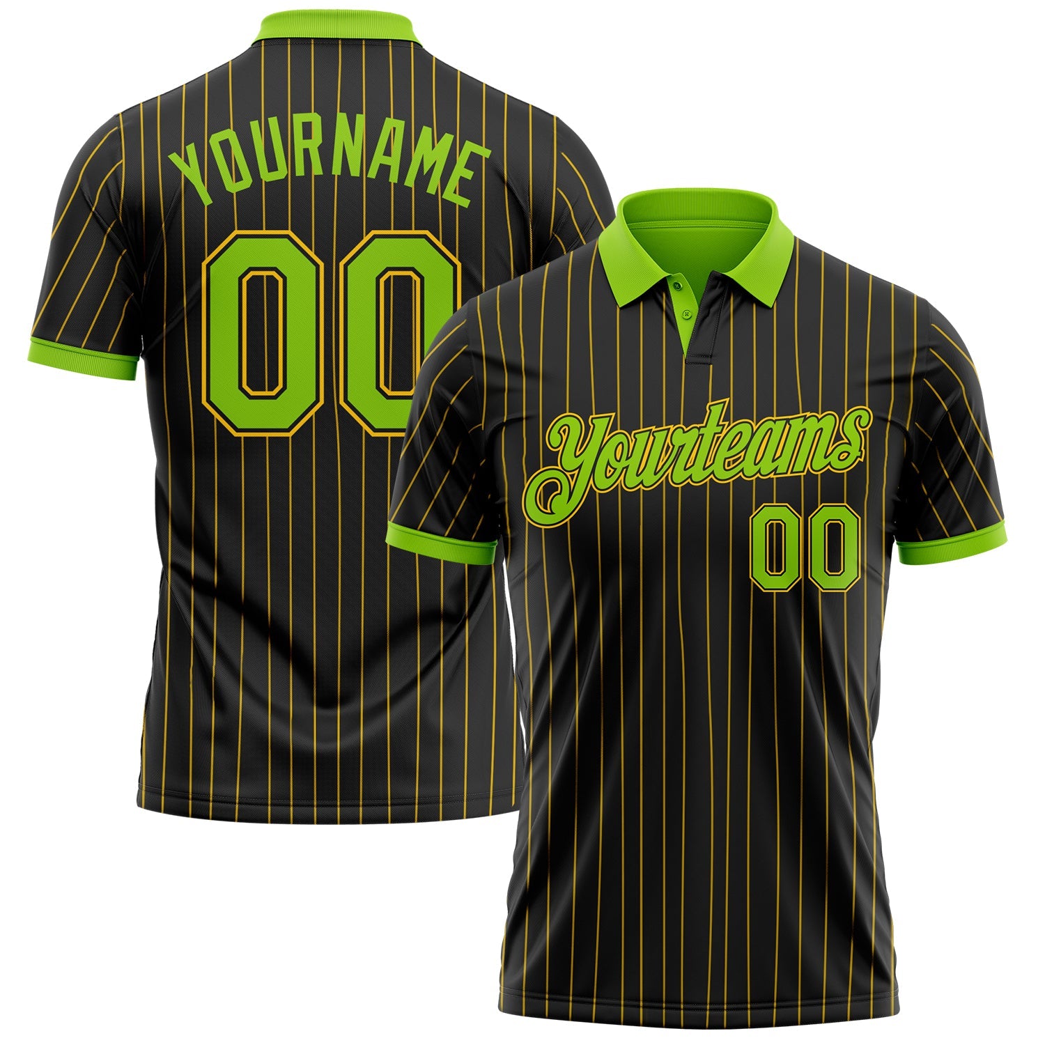 Custom Black Yellow Pinstripe-Neon Green Performance Polo Shirt - Main View