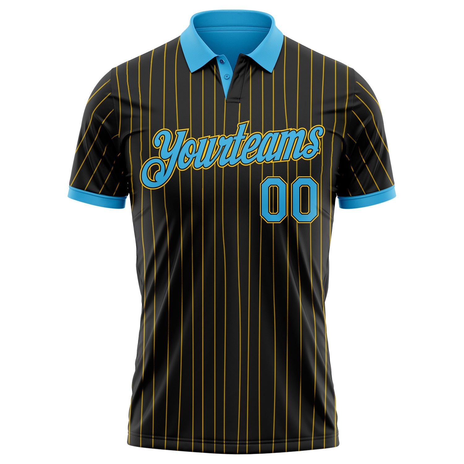 Custom Black Yellow Pinstripe-Sky Blue Performance Polo Shirt view 2