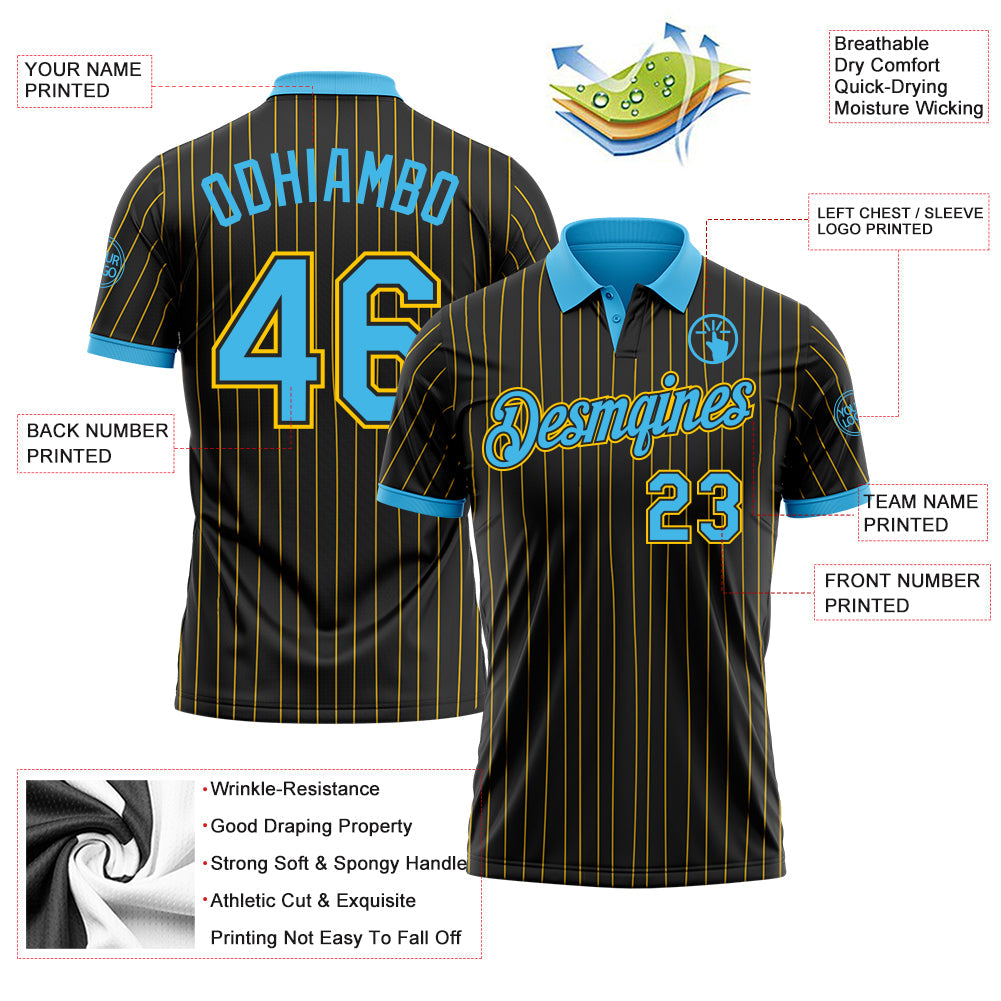 Custom Black Yellow Pinstripe-Sky Blue Performance Polo Shirt view 3