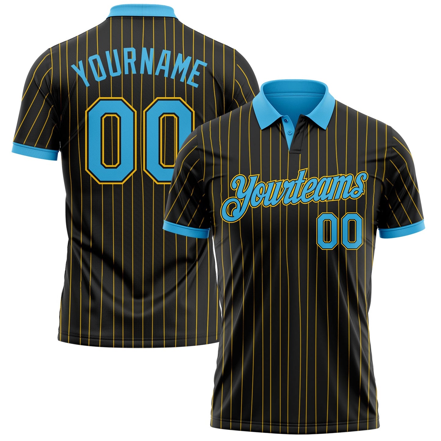 Custom Black Yellow Pinstripe-Sky Blue Performance Polo Shirt - Main View